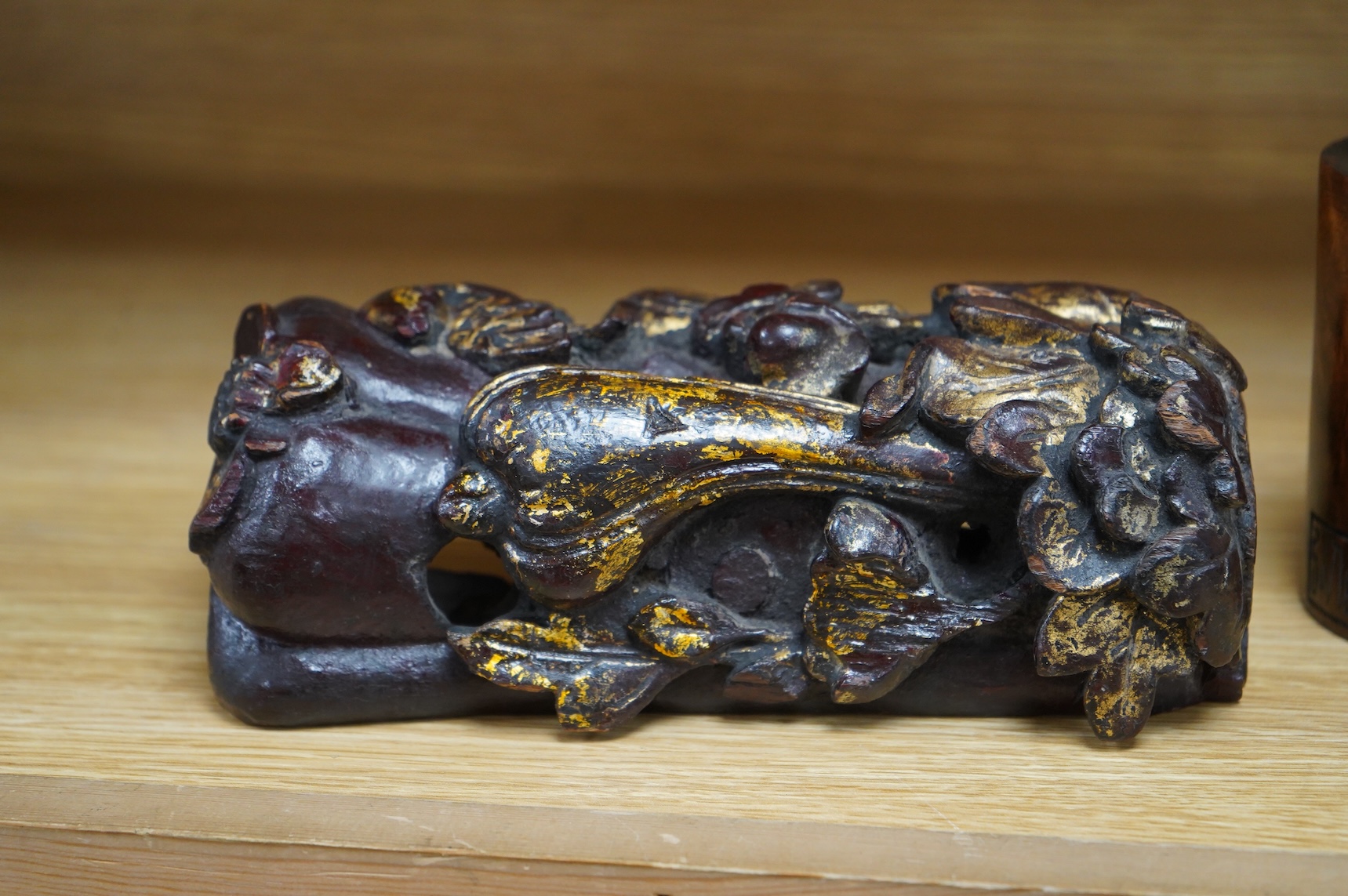 A Chinese burr wood brush pot, signed, and a gilt lacquered wood carving, 20cm